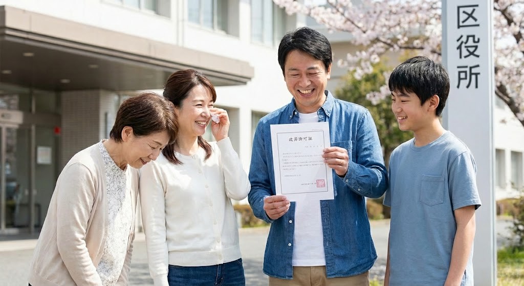 全ての手続が終わり、改葬許可申請書を受け取って安心している家族のイメージ