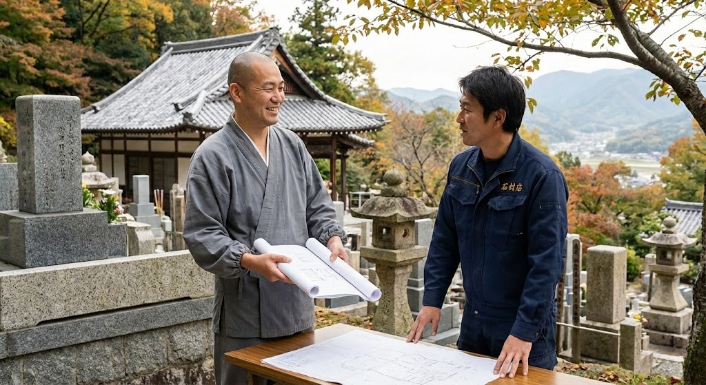安佐北区の寺院・霊園の風景、または石材店スタッフと住職が話し合うイメージ（信頼関係・対話を示す写真）