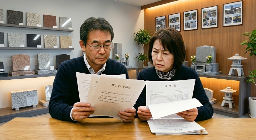 契約書・見積書を確認する・慎重に検討するイメージ（書類を手にして考える人物）