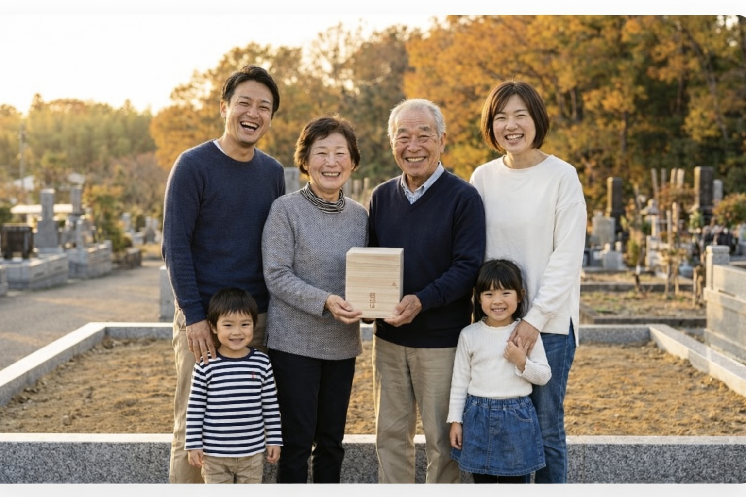 初めての墓じまいを終えて安心している笑顔の家族の様子