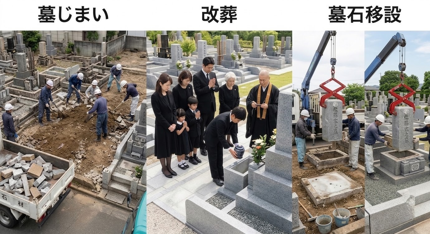 墓じまい・改葬・墓石移設の違い（比較図またはイラスト）
