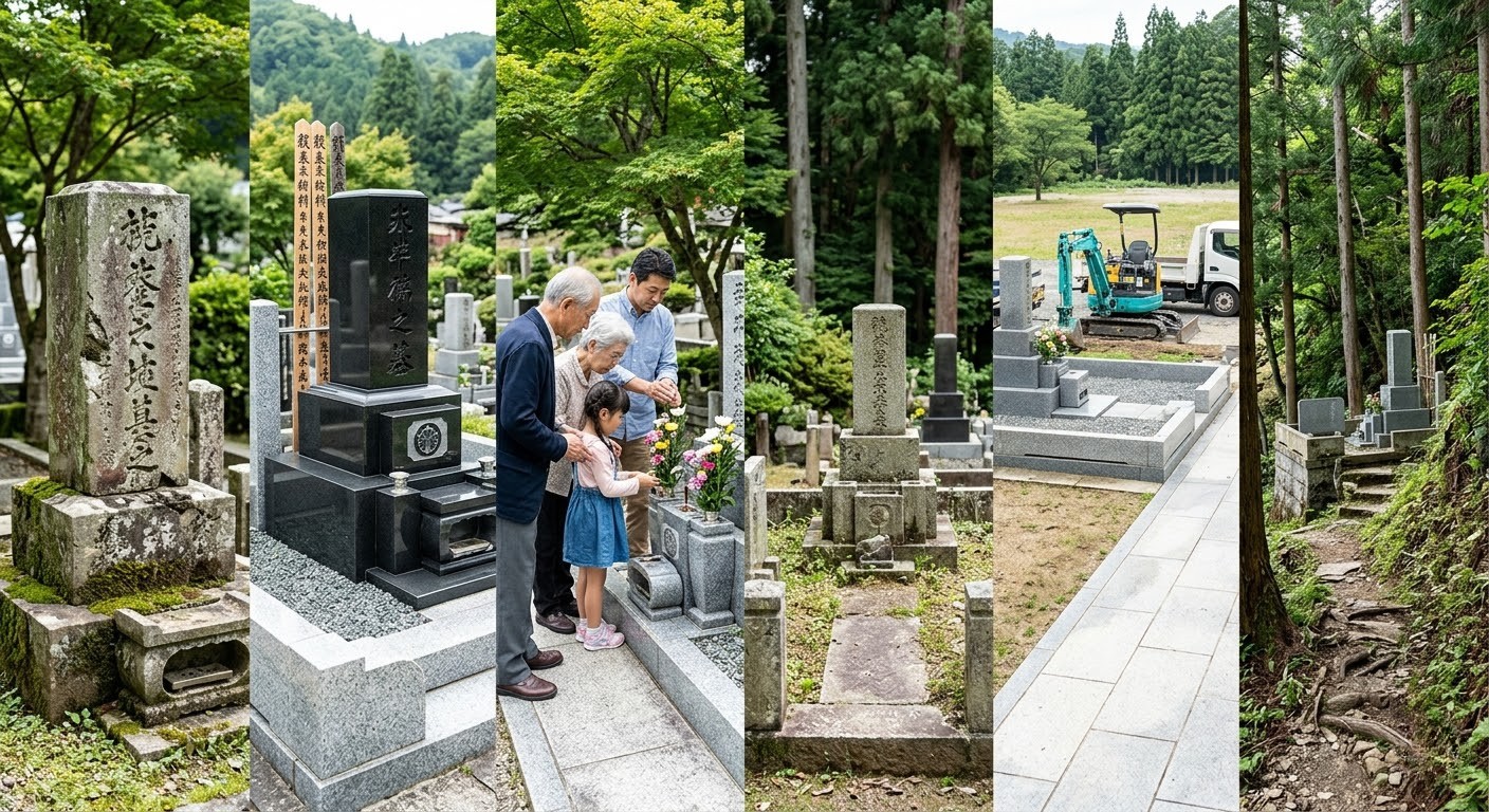 「どのケース？」を判別するイメージ（墓石の状態・後継者・立地の3軸）