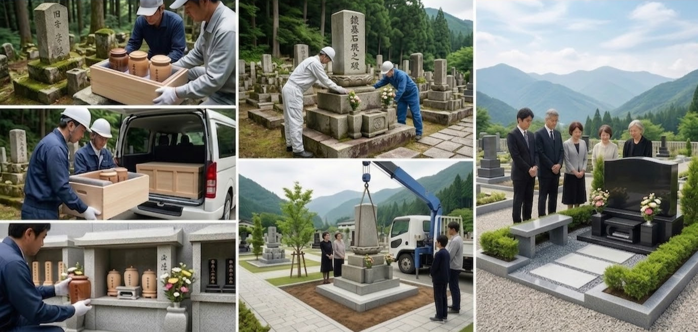 予算別の選択肢を示した比較図（遺骨のみ改葬・墓石再利用・新規建立）