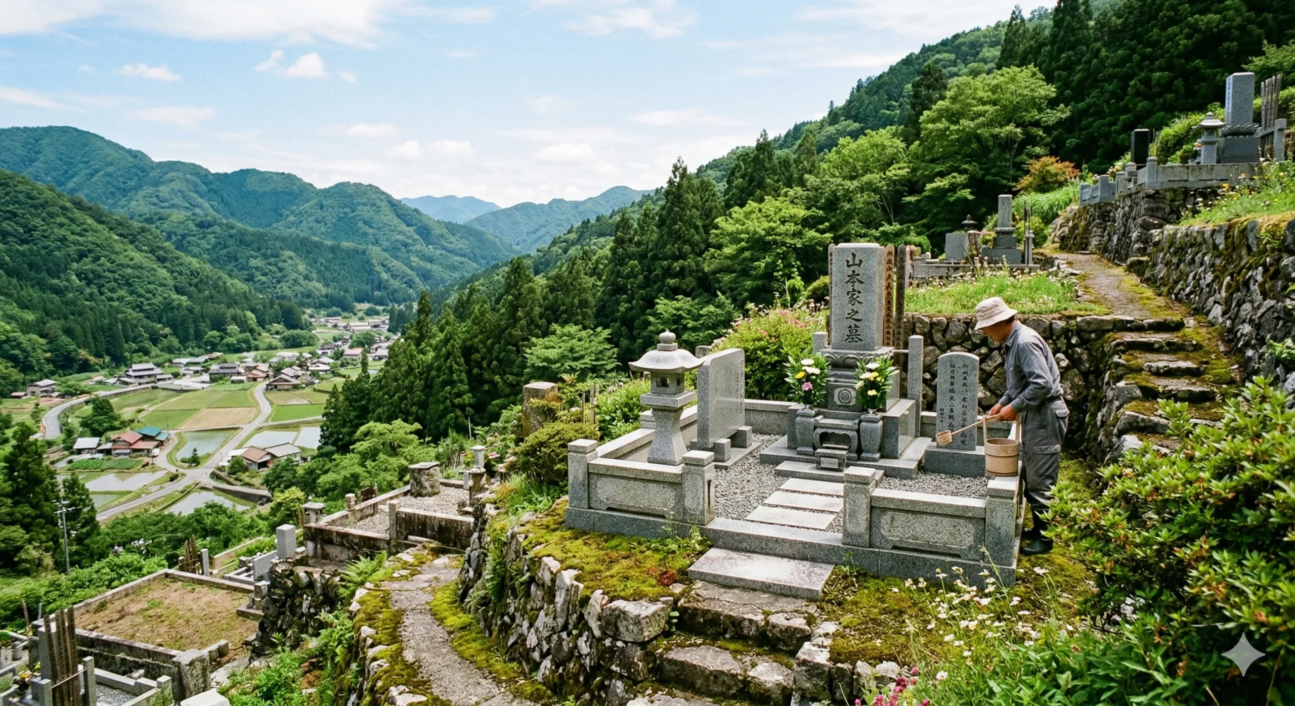 山間部の斜面に建てられた個人墓地
