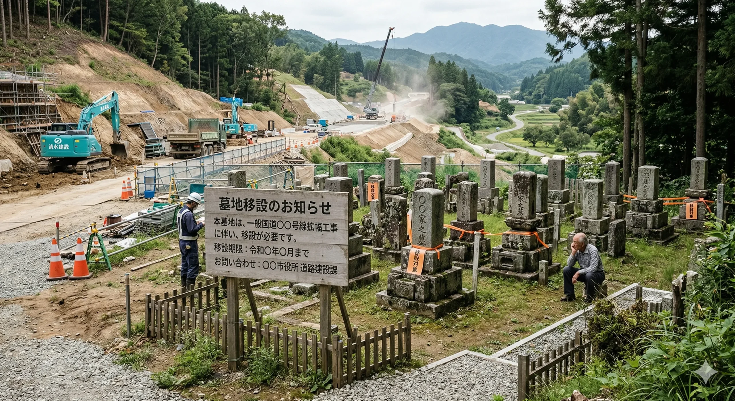 公共工事で移設が必要な個人墓地の状況を示すイメージ