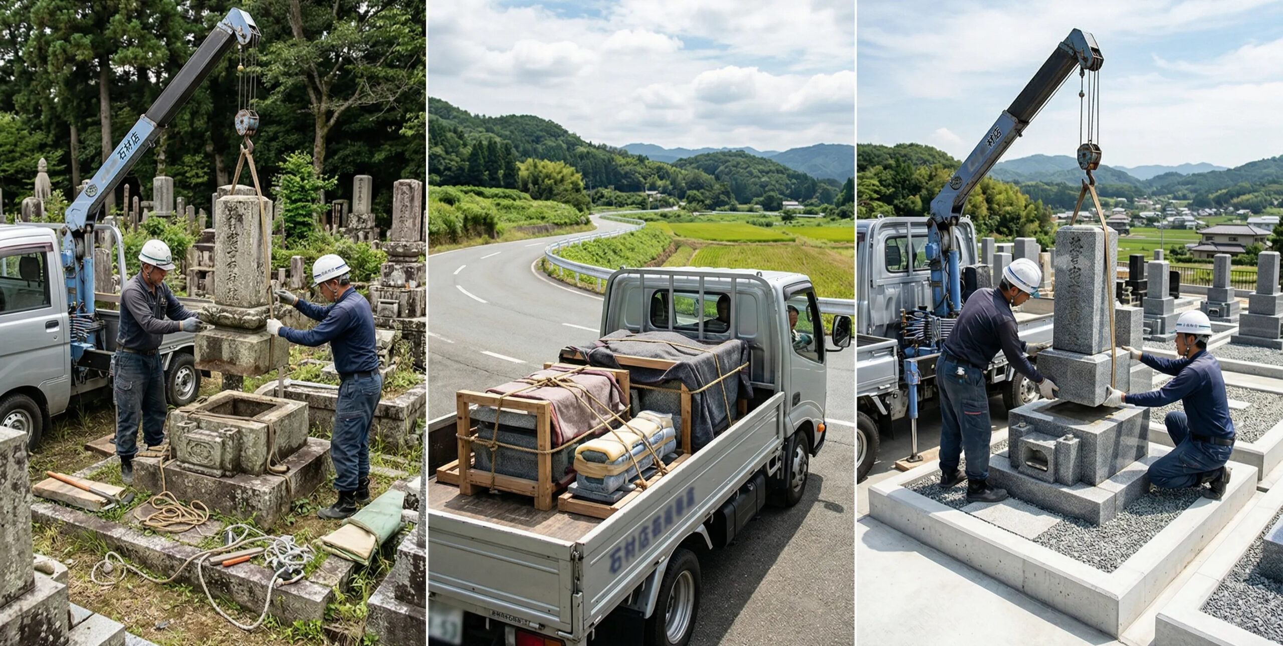 墓石移設工事の3フェーズ（解体→運搬→再建立）を示すイメージ