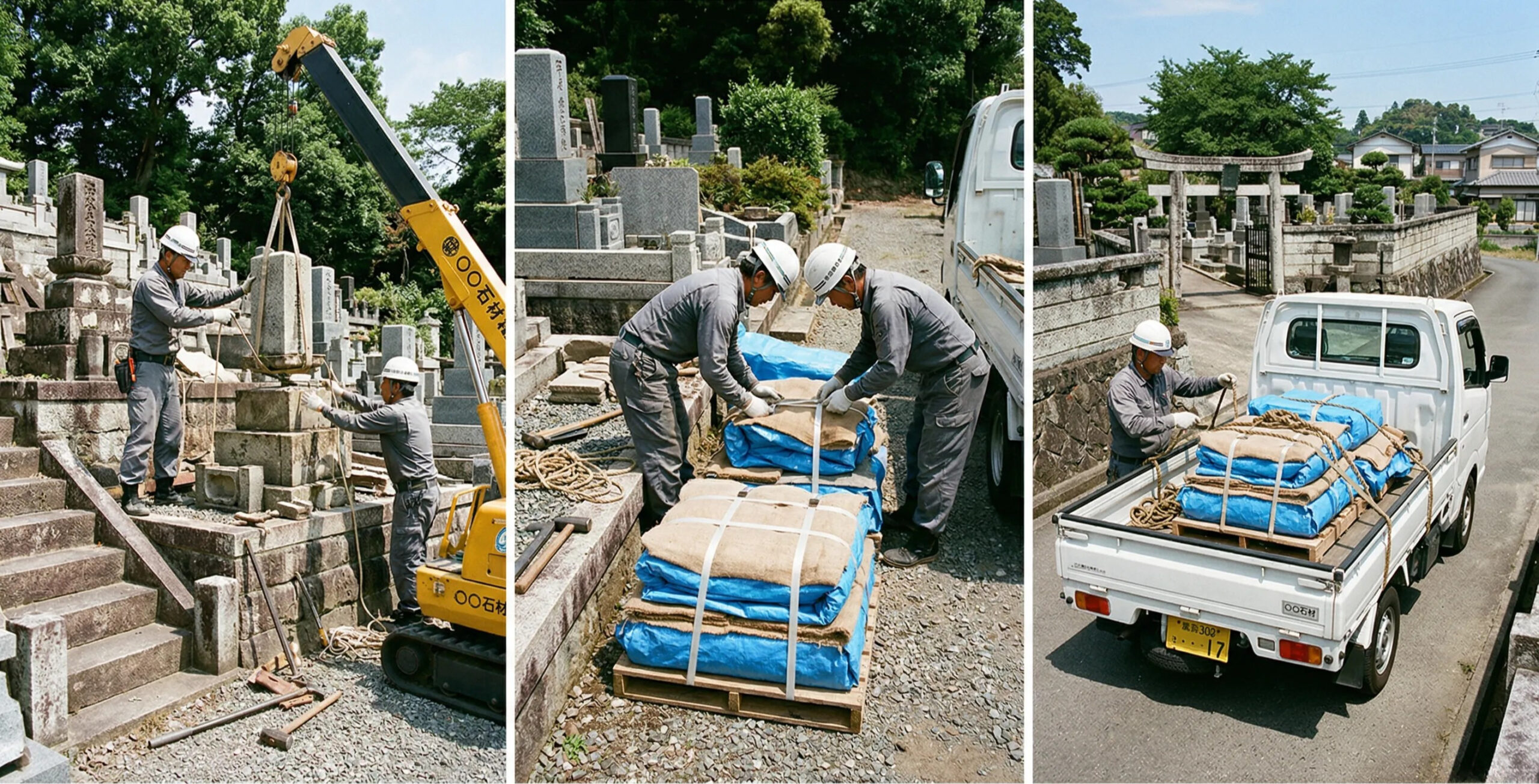 墓石解体・養生・運搬作業の実際の施工写真（複数カット）