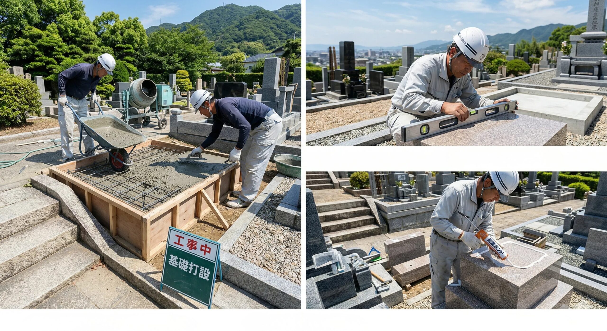 再建立工事の様子（基礎コンクリート打設・水平器での確認・耐震ボンド施工の写真）