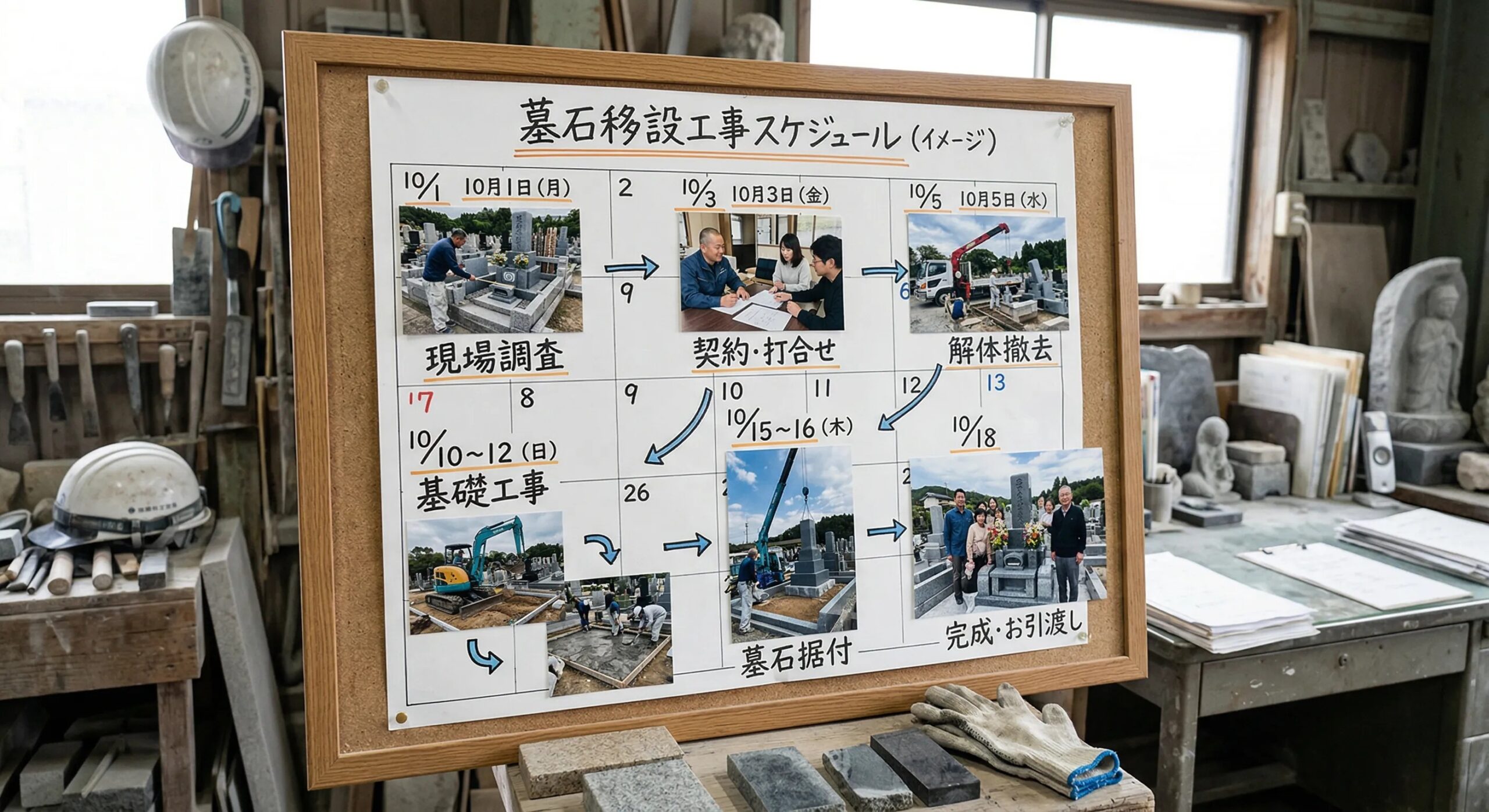 墓石移設工事のスケジュールイメージ