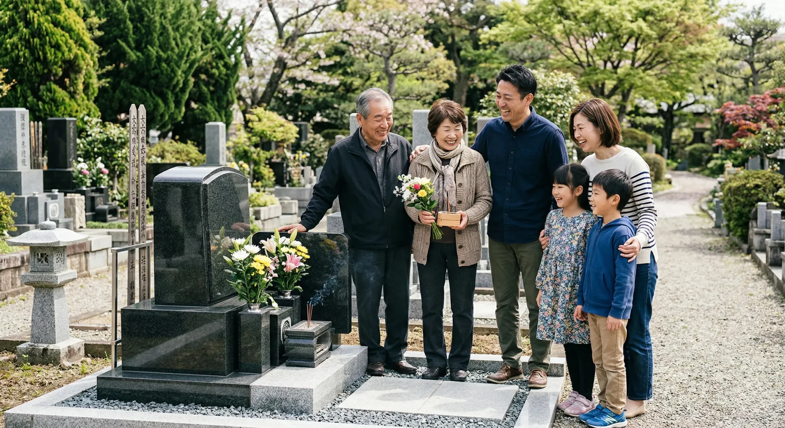 あなたのプロンプト
墓石移設工事を安心して進むことができて喜んでいる家族の様子