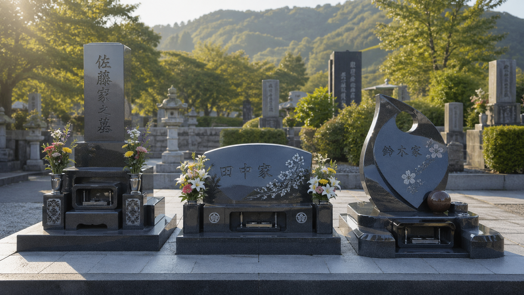 和型・洋型・デザイン墓石の3種類を並べて比較する画像
