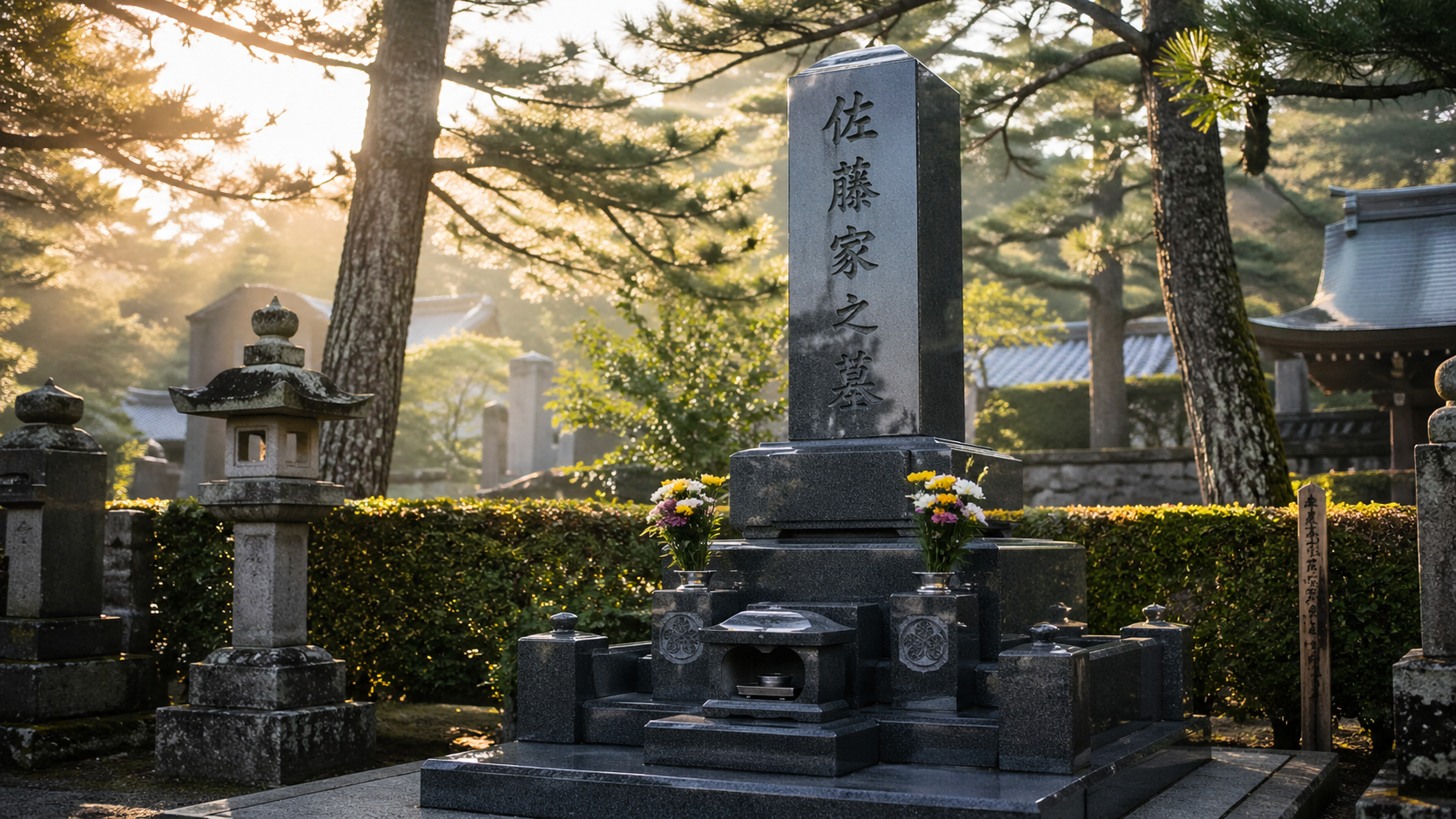 伝統的な縦長の和型墓石が建つ寺院墓地の風景
