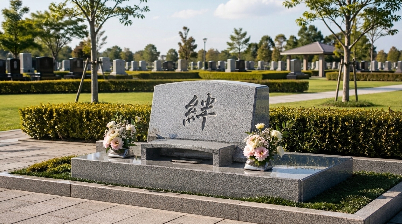 横長で低重心の洋型墓石が公園墓地に建つ風景