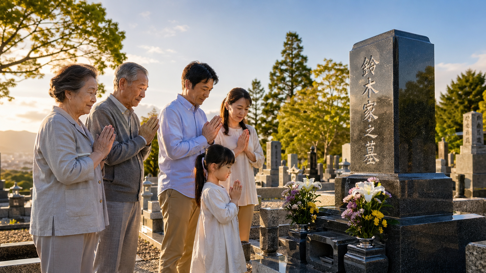 完成した墓石の前で手を合わせる家族のイメージ画像