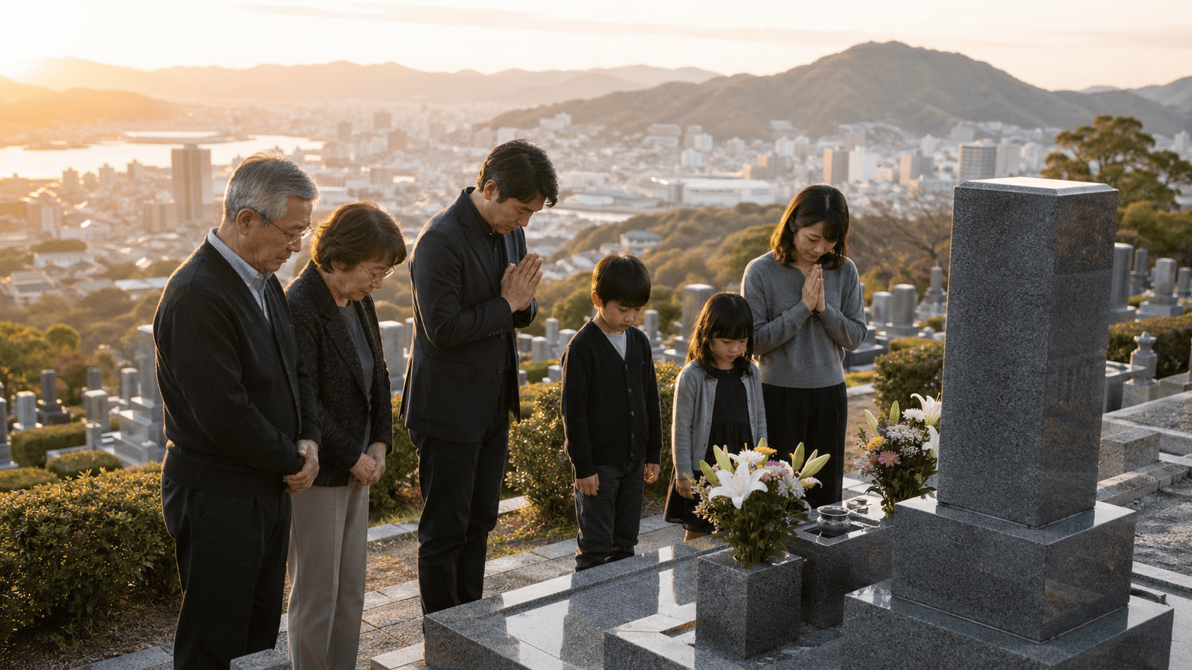 完成したお墓で家族がお参りしているイメージ写真