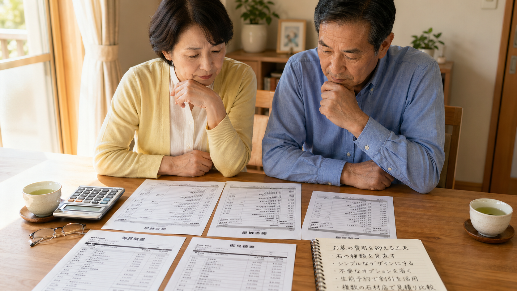 墓石の費用を節約するためのヒントを考えているイメージ写真