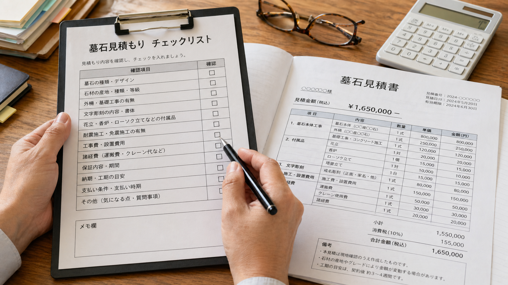 見積もりを確認しながらチェックリストを見ているイメージ写真