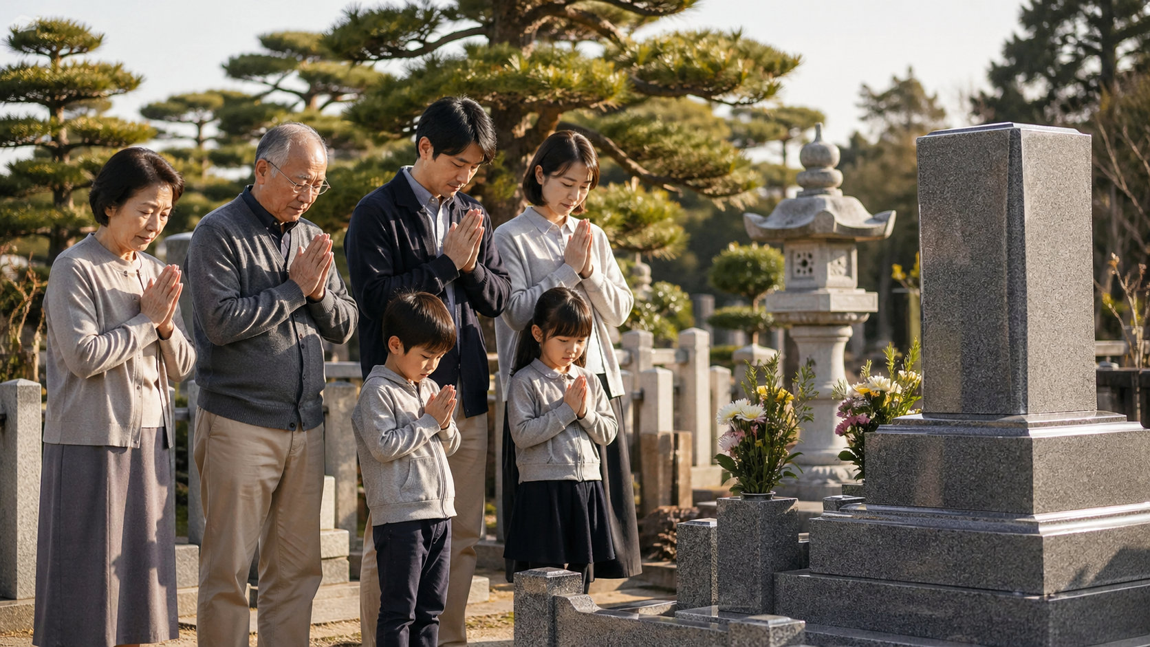 完成したお墓を家族で見ているイメージ写真