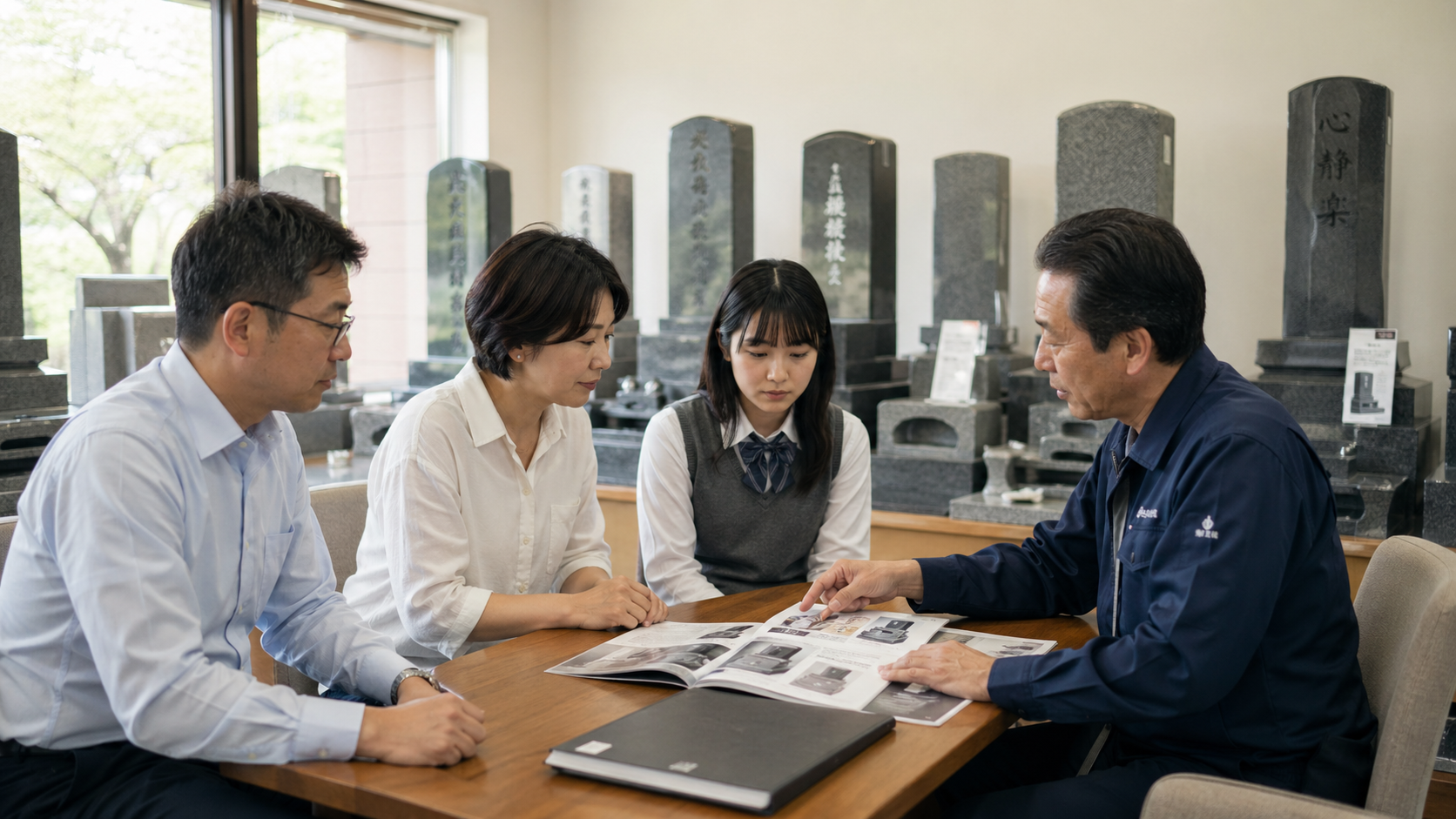 石材店で墓石の相談をしている家族のイメージ