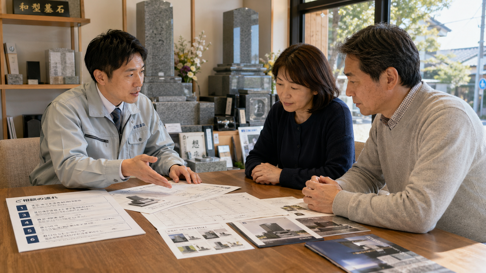 石材店との商談プロセスを4つのフェーズで確認しているイメージ