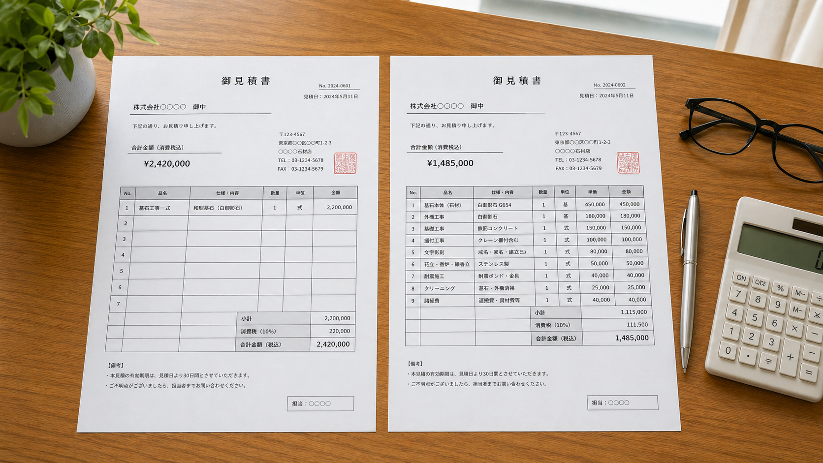 墓石の見積書のOK例・NG例を比較しているイメージ