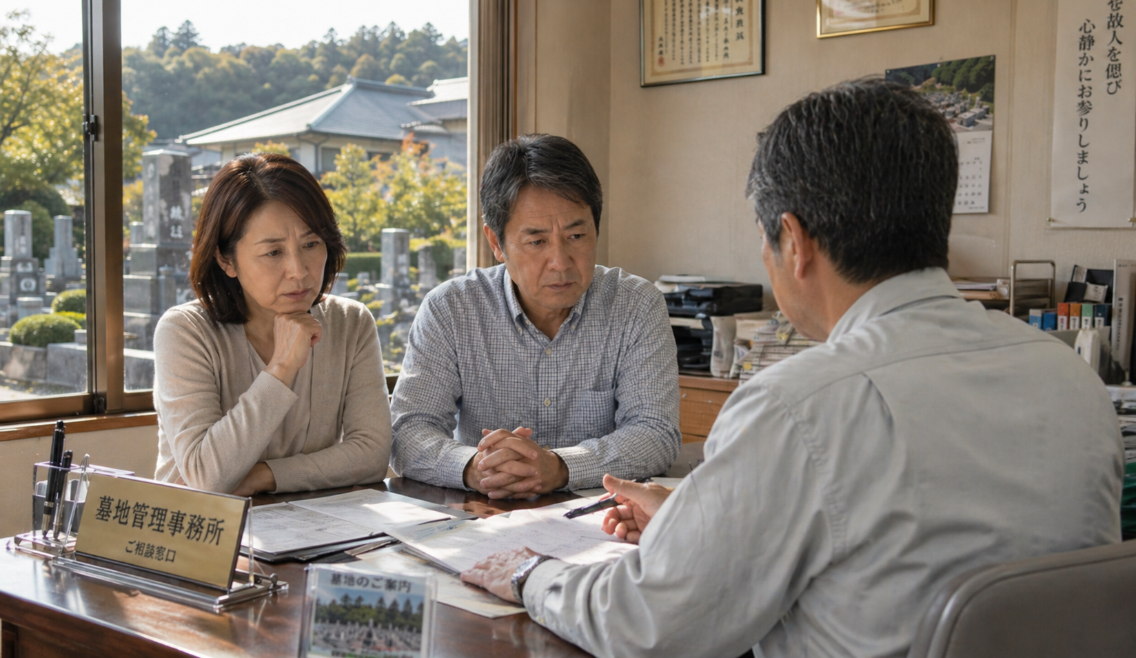 見積書と霊園資料を見比べて追加費用を確認しているイメージ