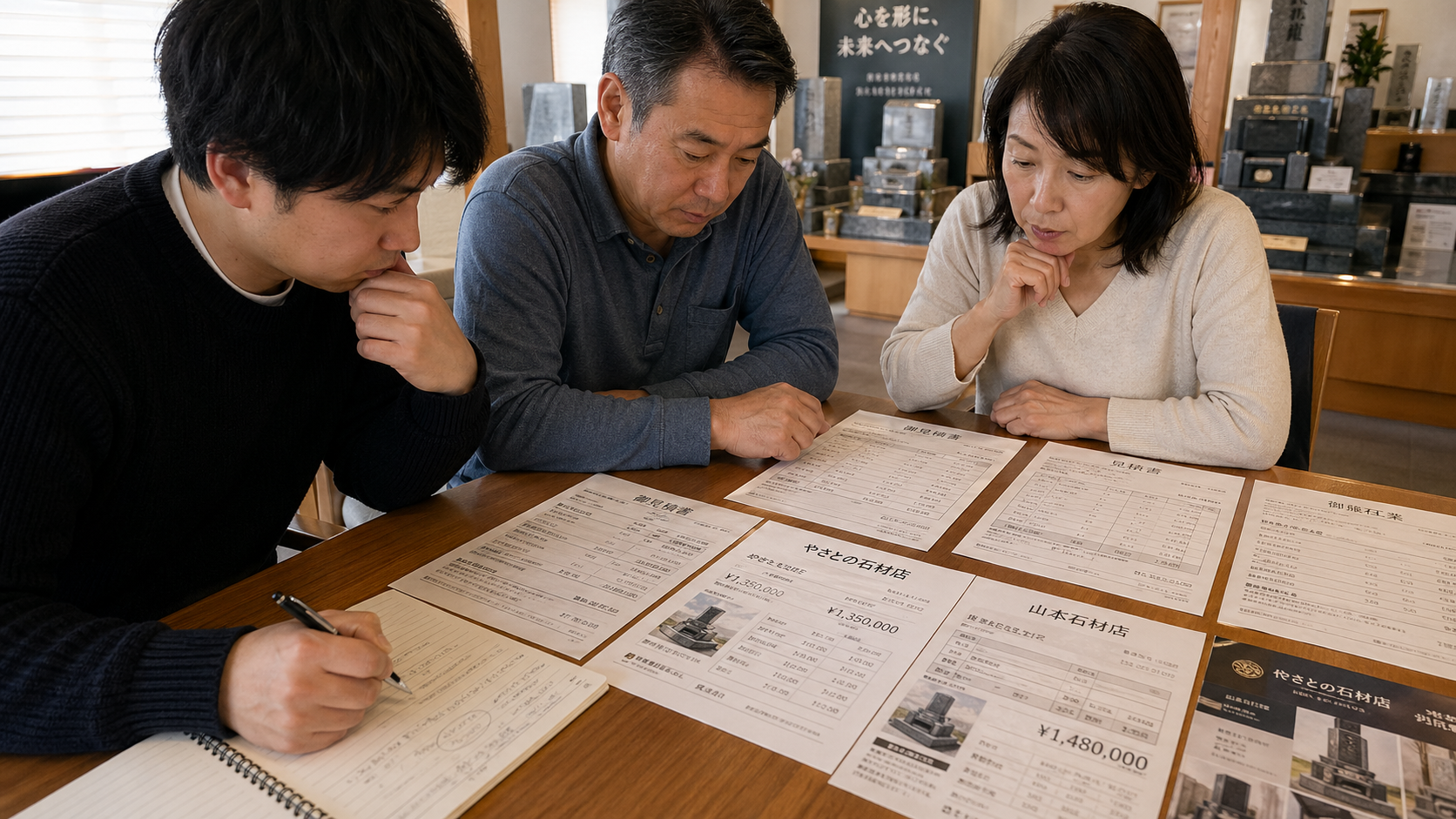 複数の石材店の見積書を比較しているイメージ