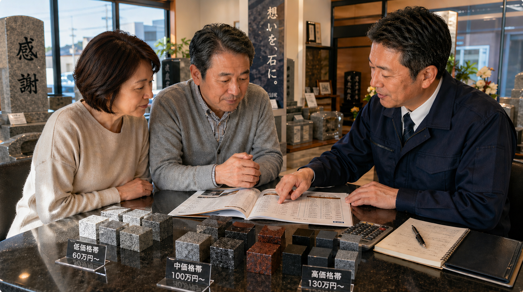 予算に合わせて価格帯別に墓石用石材を比較検討するイメージ写真