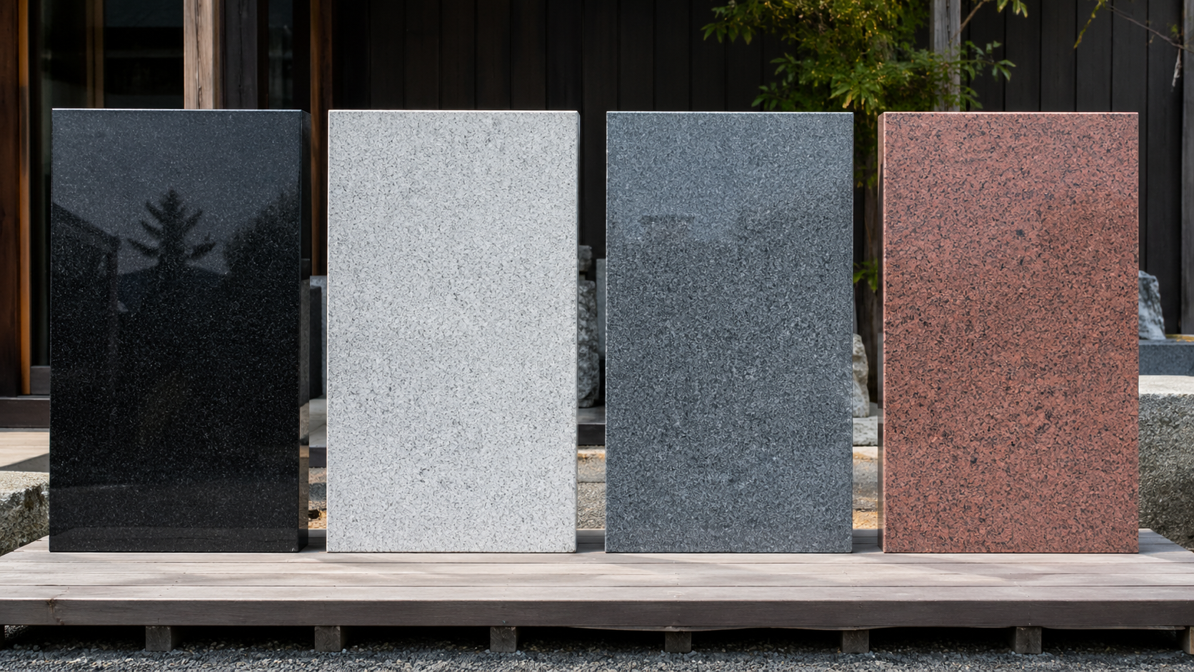 黒・白・グレー・ピンクなど色別の墓石用御影石サンプル写真