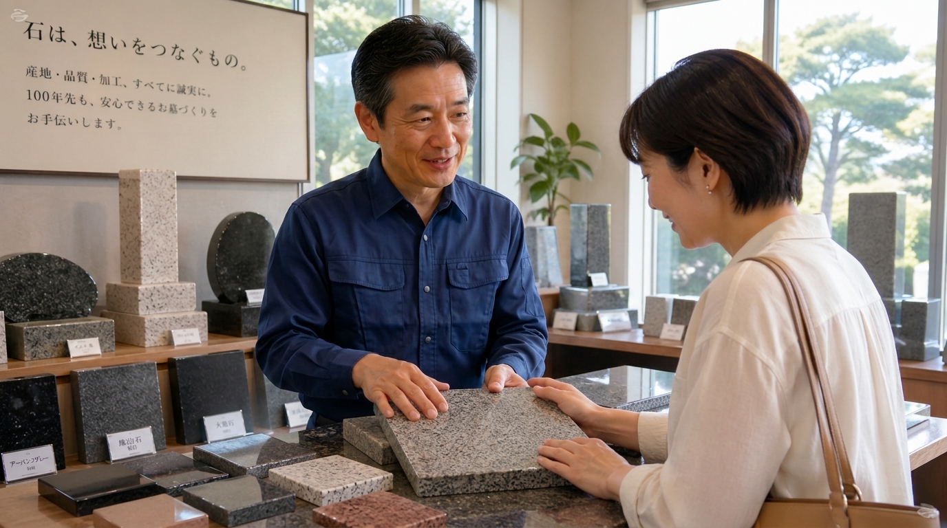 おばら石材の専門スタッフと墓石用石材選びを相談するイメージ写真