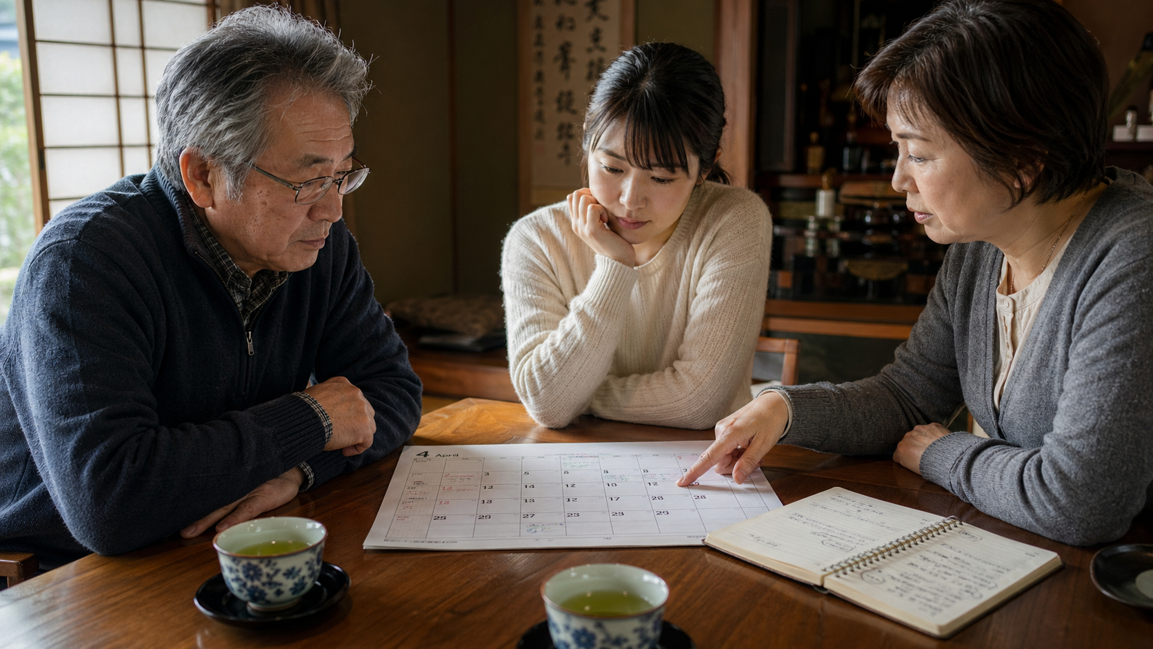 納骨式から逆算してお墓を建てる半年スケジュールを家族で計画している様子