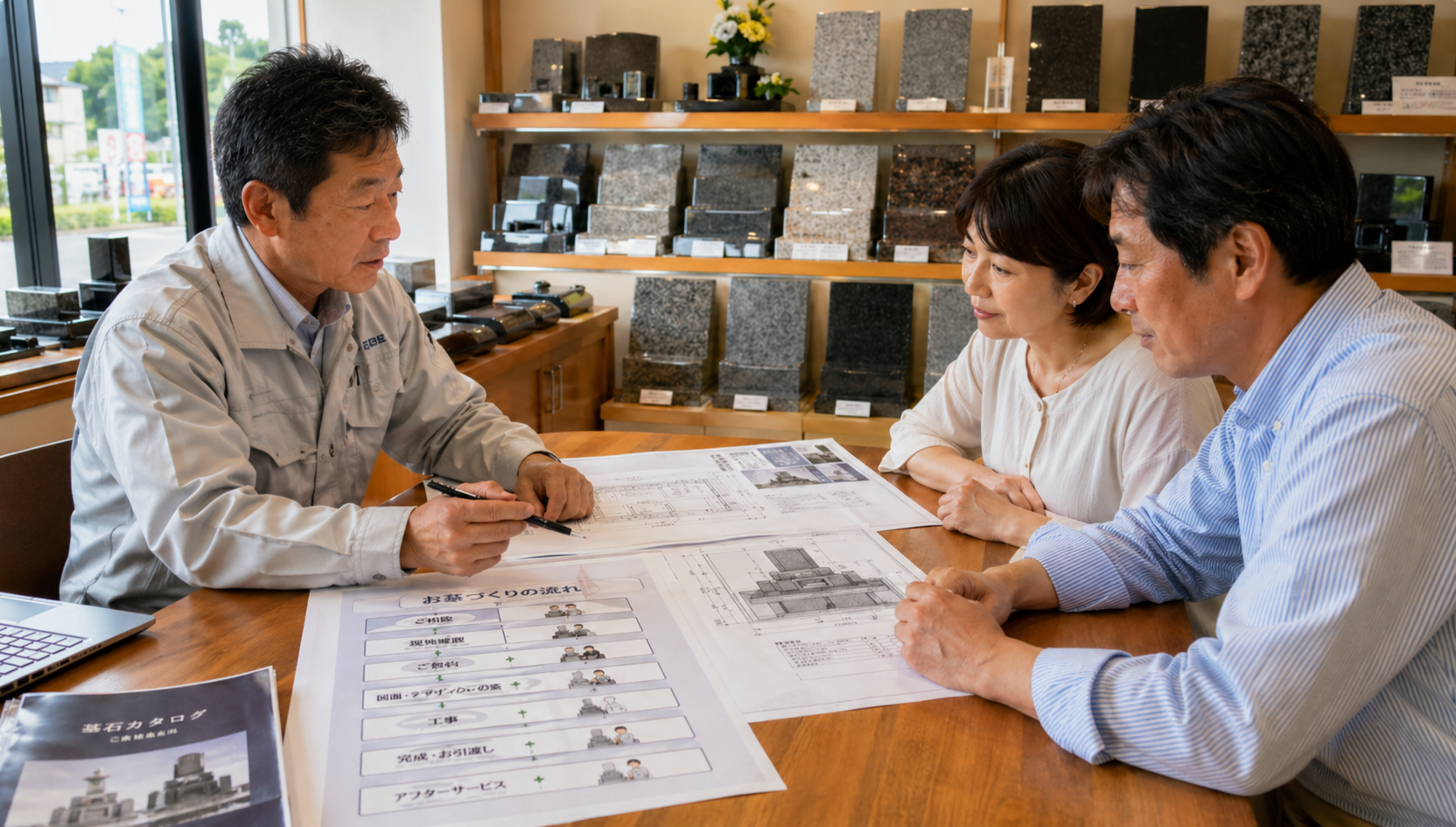 石材店で墓石づくりの6ステップを家族と職人が確認している様子