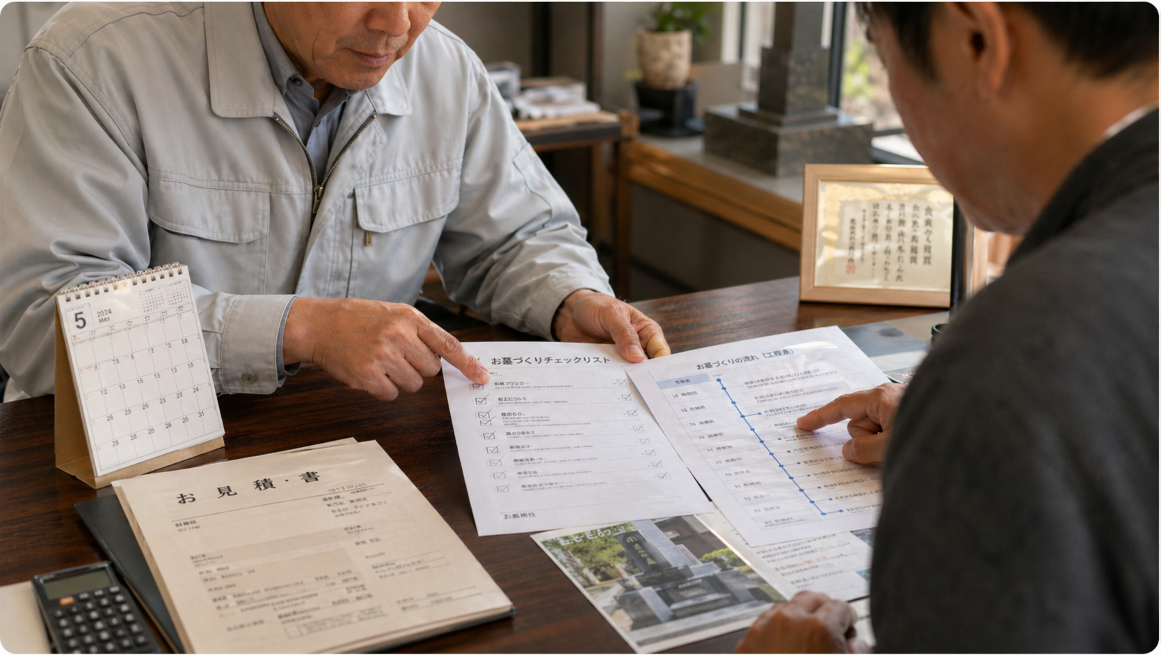 お墓づくりのスケジュールとチェックリストを職人と確認しているイメージ