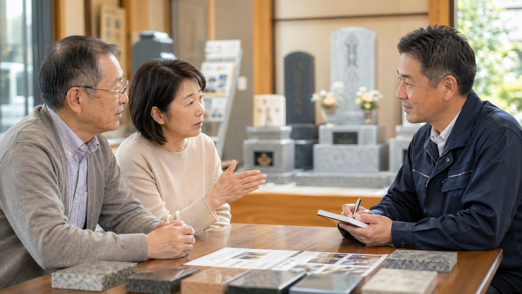 お墓の建立に関するよくある質問を石材店に相談しているイメージ