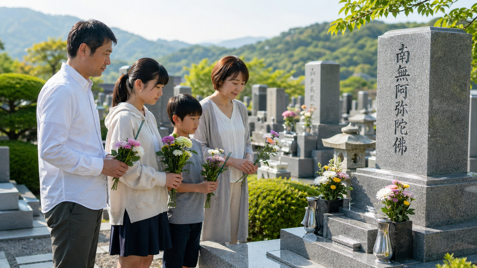 完成したお墓の前で手を合わせる家族の様子