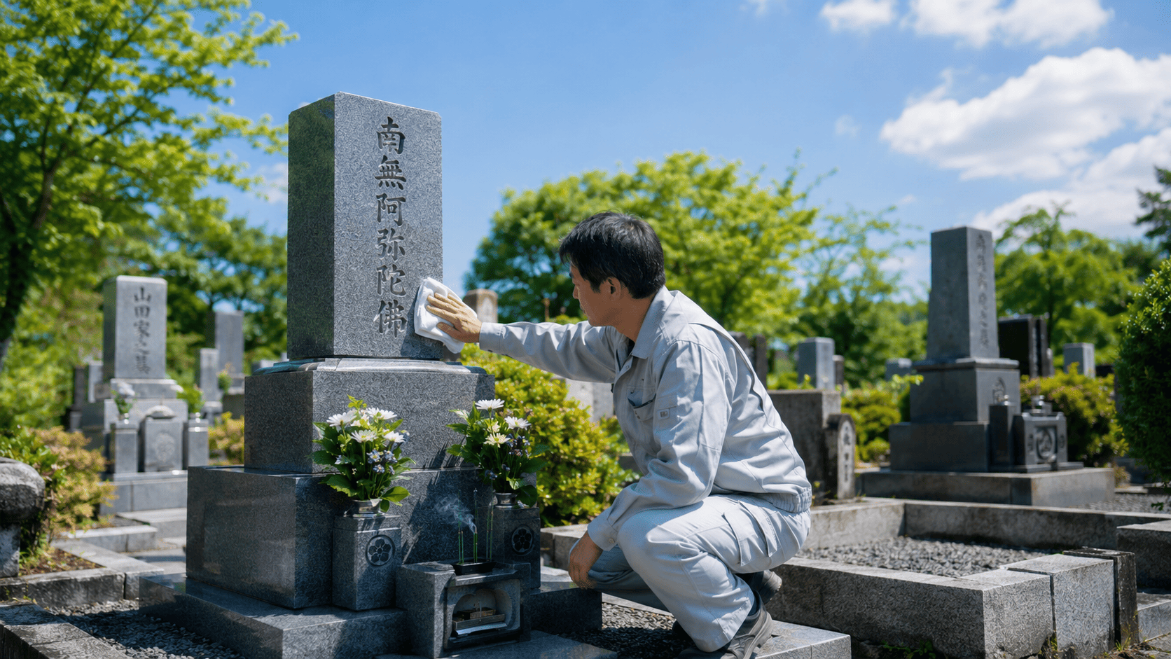 広島の石材店スタッフが墓石を清掃し献花とお線香をお供えするお墓参り代行サービスの様子