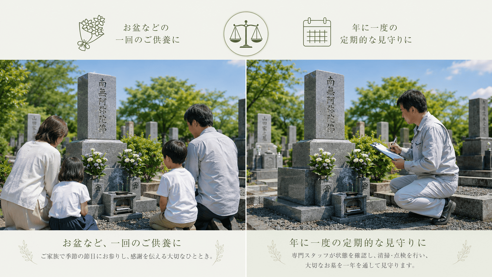 お墓参り代行の単発依頼と年間メンテナンス契約の違いを比較するイメージ