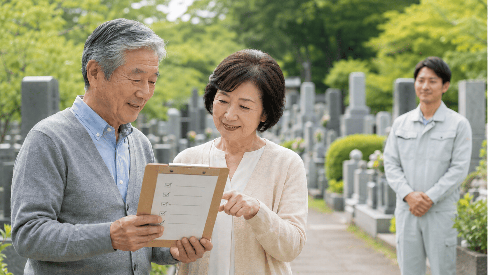 広島のお墓参り代行業者を選ぶ際の3つのチェックポイントを確認するイメージ