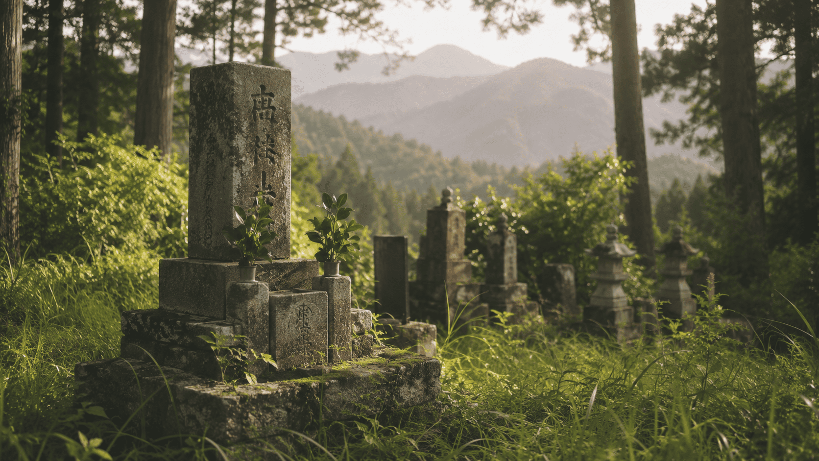 広島の山間部に建つ実家のお墓と管理者不在で荒れていく墓地のイメージ写真