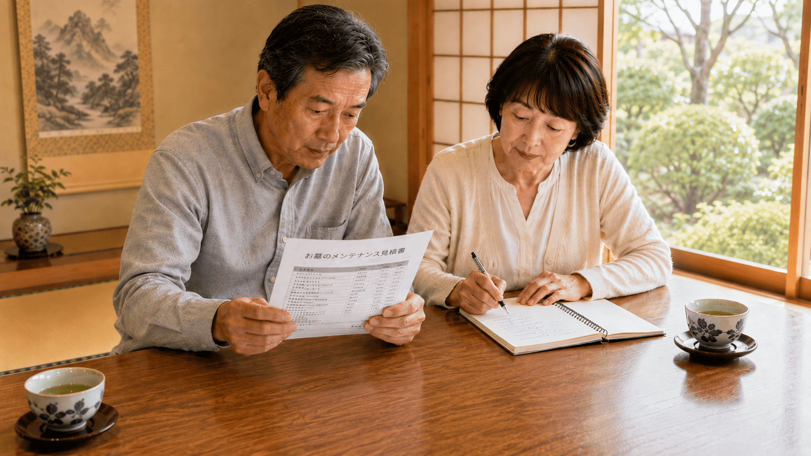 お墓のメンテナンス費用の見積書を確認する夫婦
