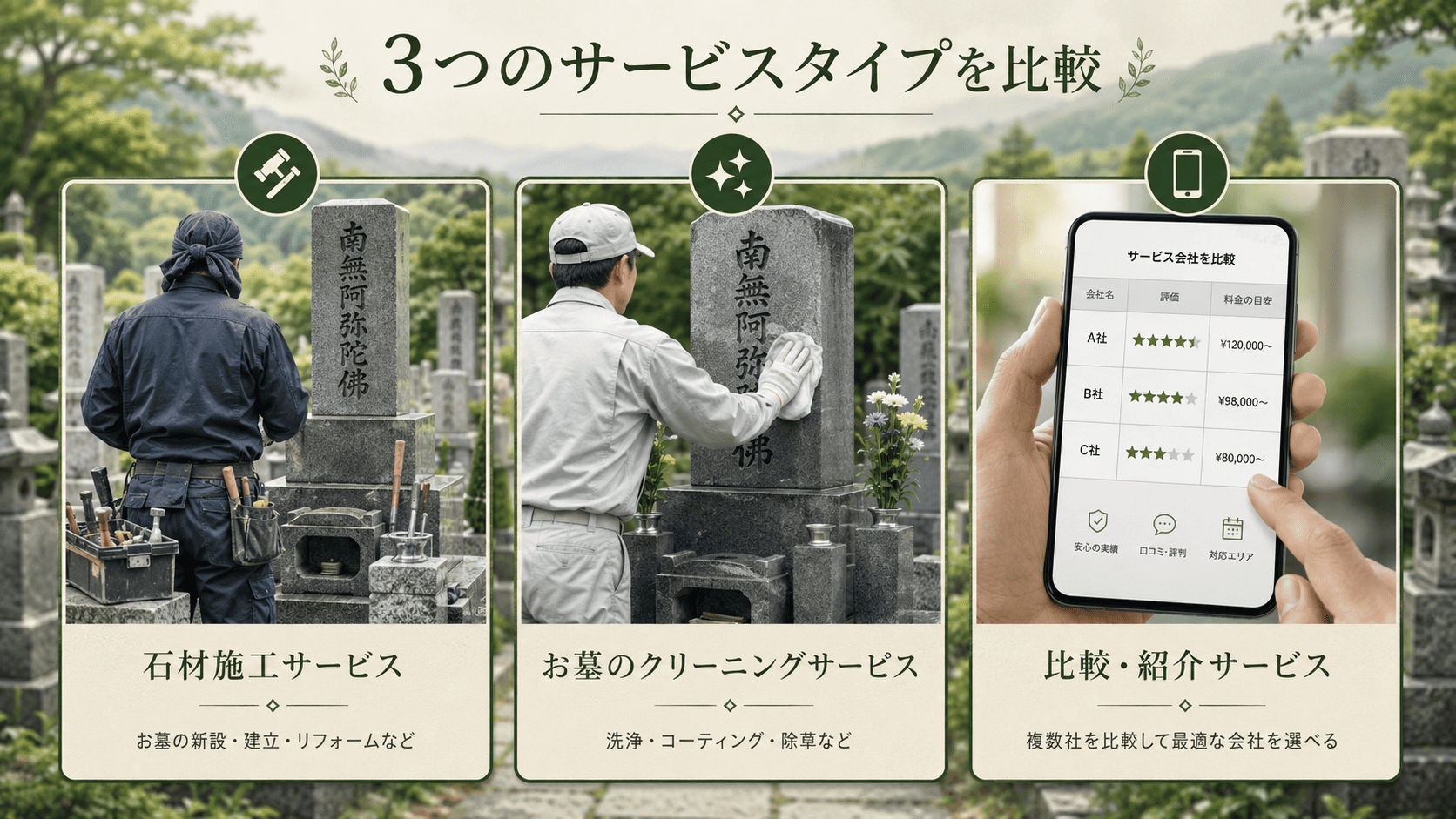 地元石材店・全国チェーン・マッチングサイトの3つの業者タイプを並べた比較イメージ写真