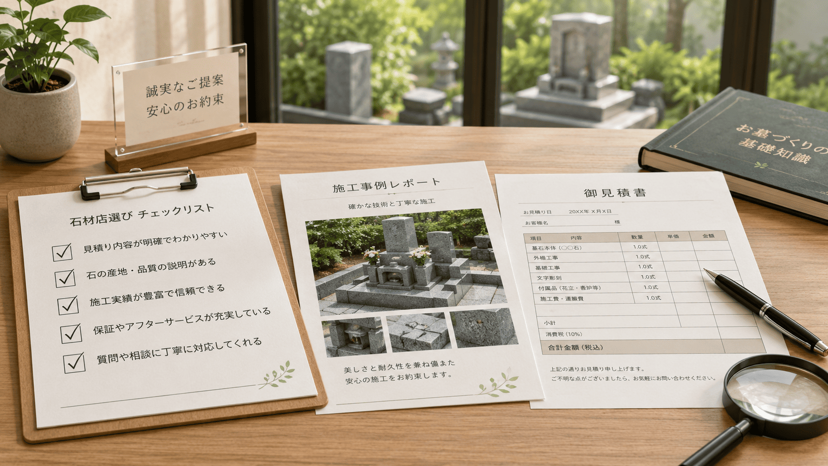 クリップボードのチェックリストと報告書・見積書が机に並ぶ、業者選びの5つのチェック項目イメージ写真