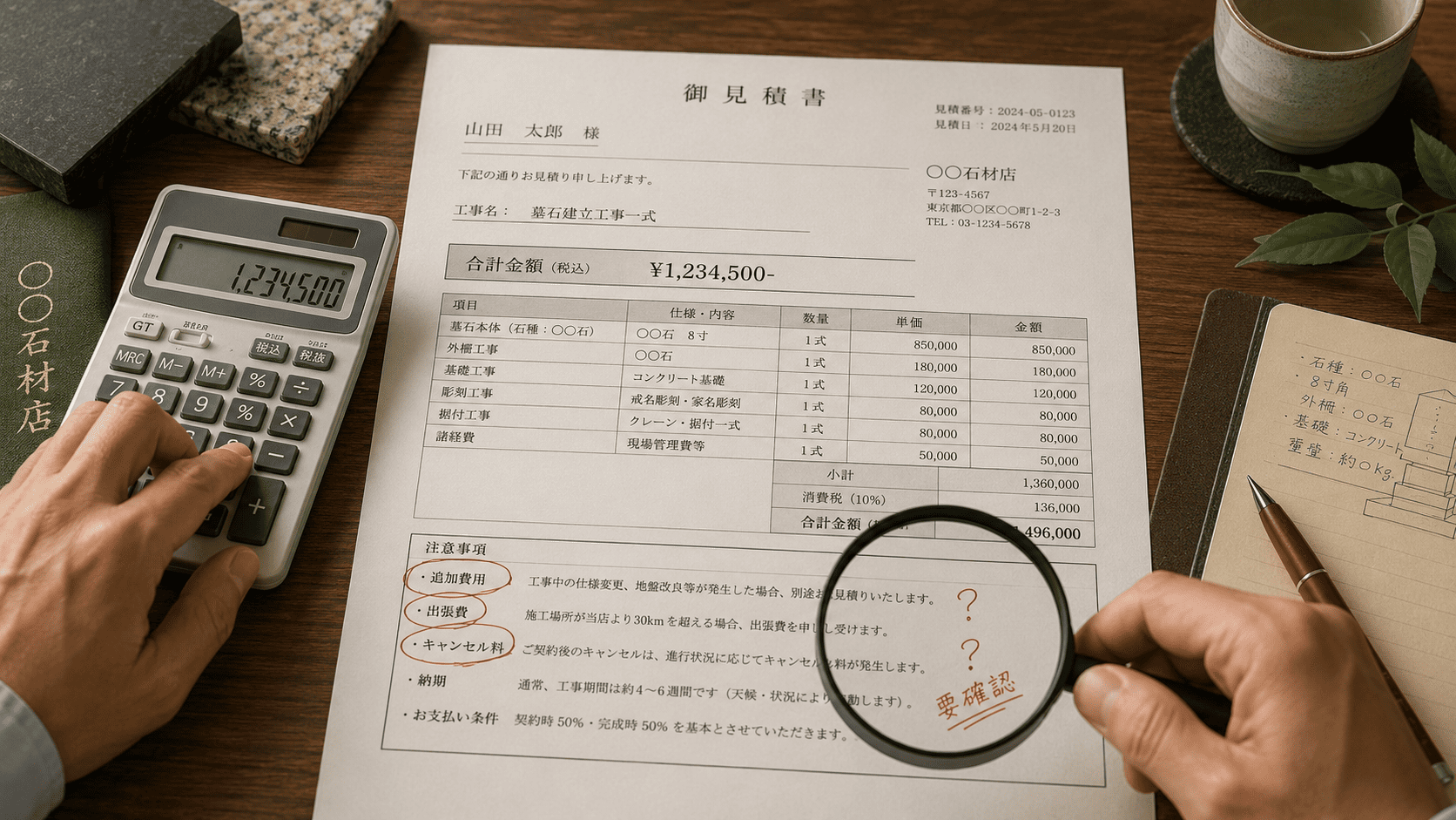 見積書を電卓と虫眼鏡で確認する手元の、見積もりトラブル回避ポイントイメージ写真