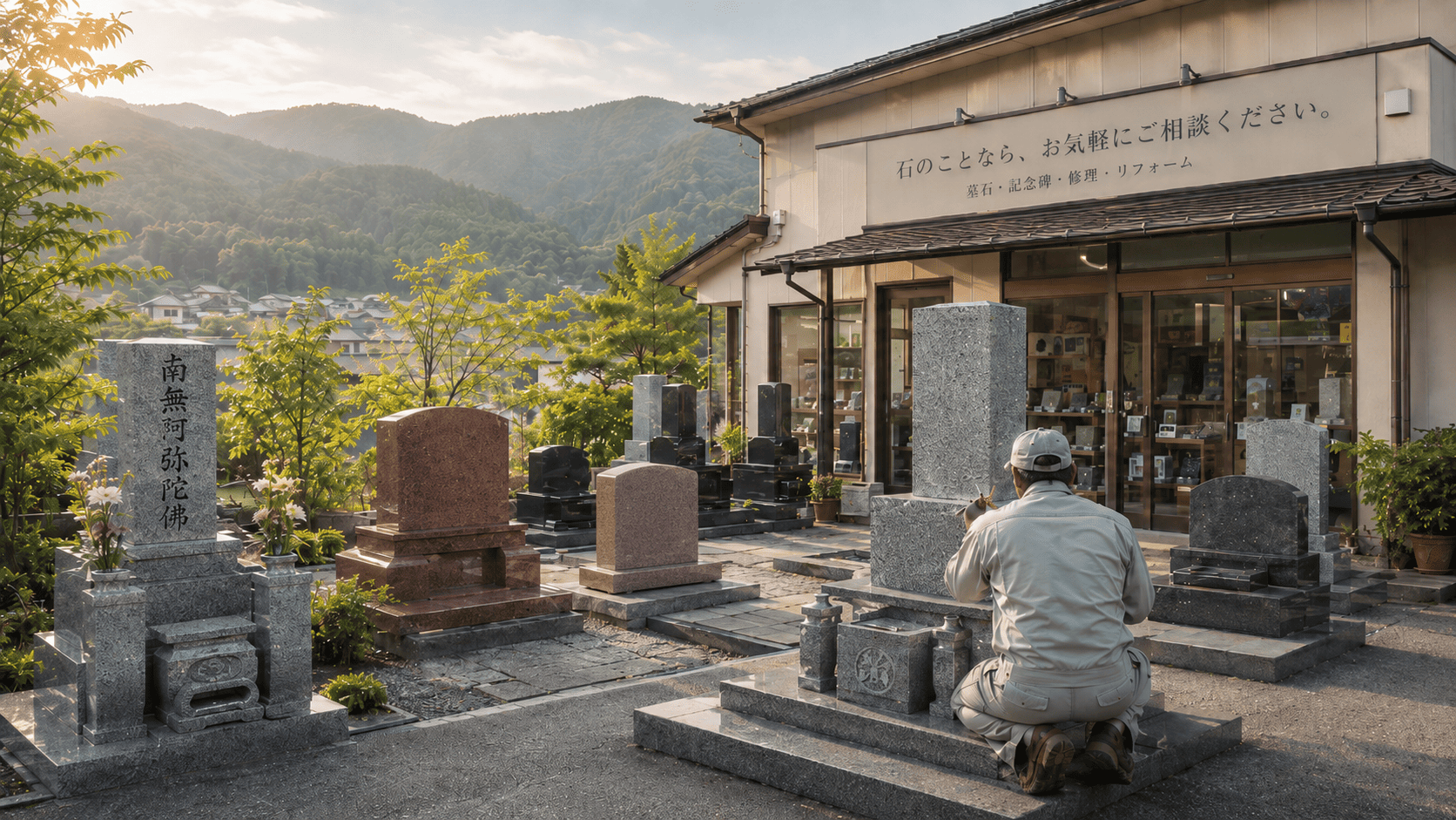 広島の石材店工場前で職人が墓石を磨く、おばら石材のメンテナンスサービス紹介イメージ写真
