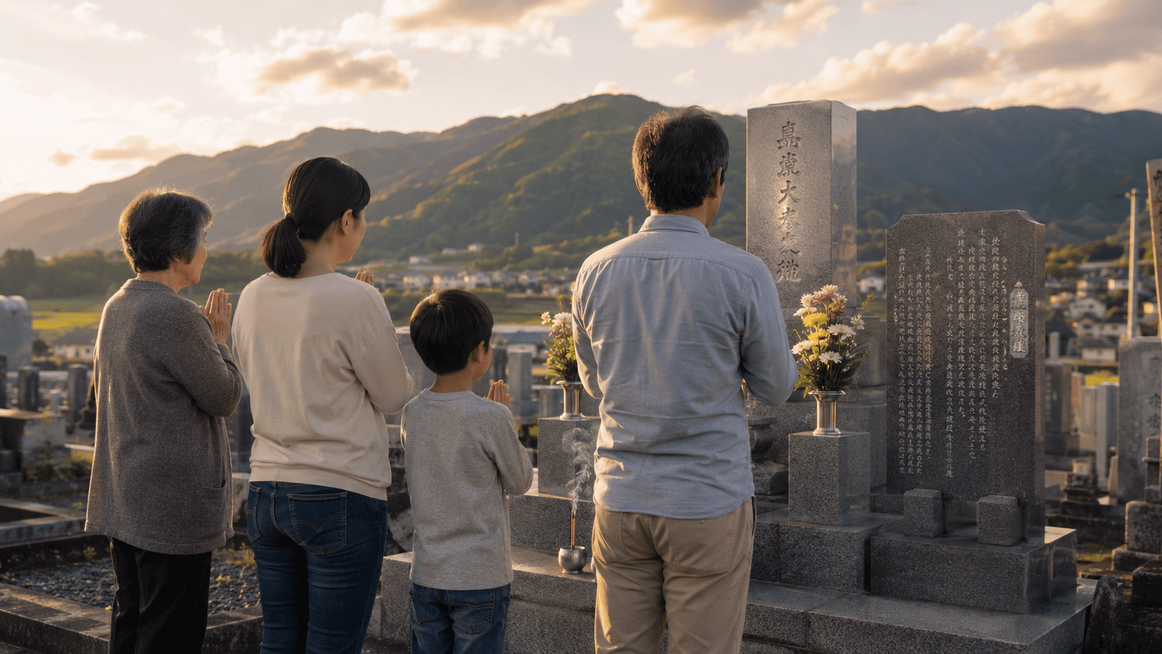 新しい戒名が刻まれた墓誌の前で、ご家族が安心してお参りする墓前の風景