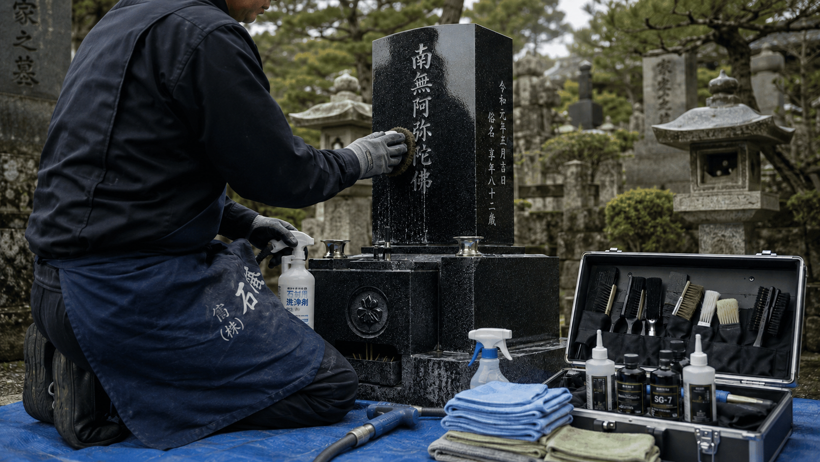 プロの石材職人が専用機材で墓石を本格クリーニングしている施工風景