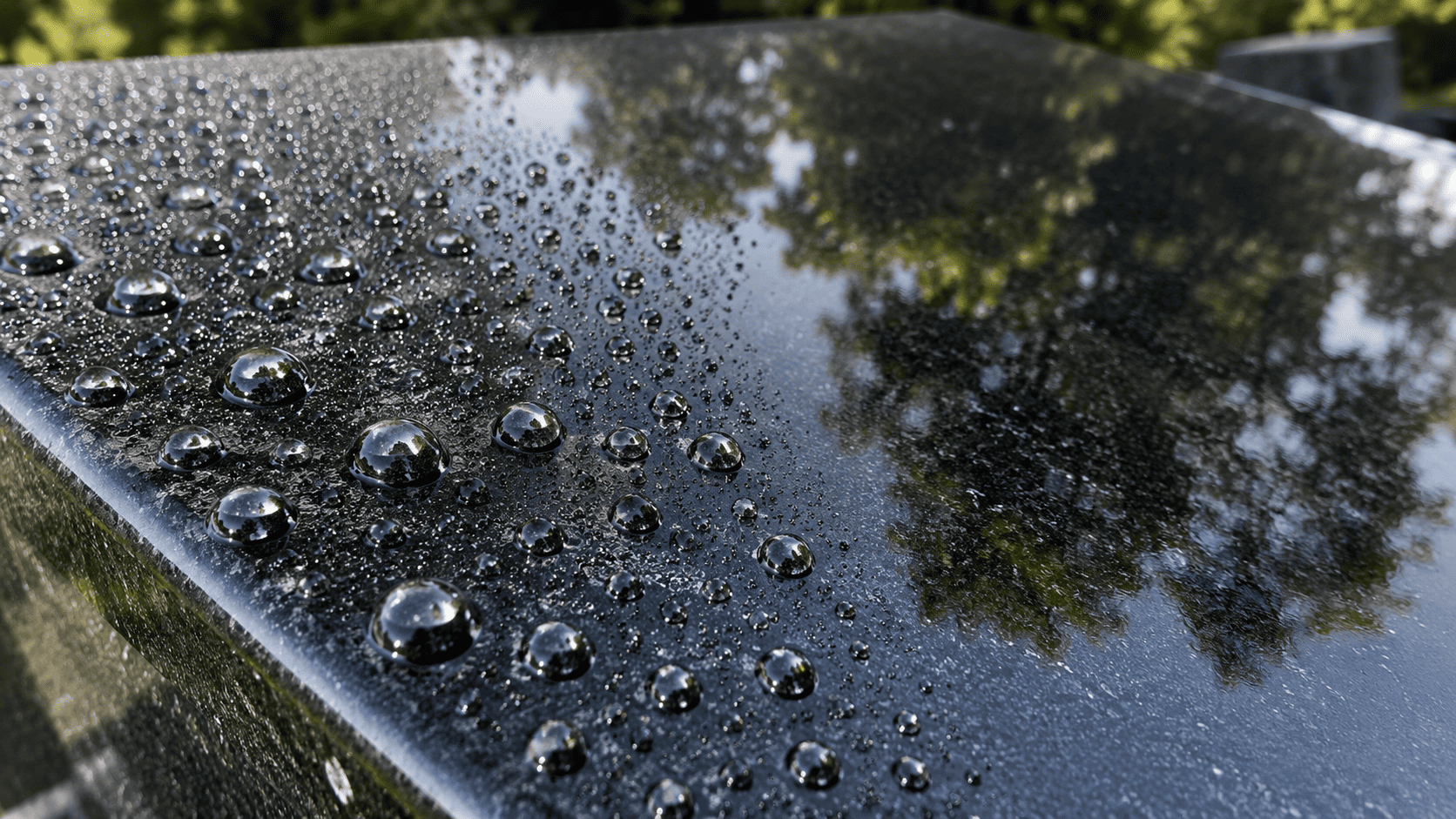 撥水コーティング施工後の墓石表面で水滴が玉になって弾かれる様子（ロータス効果）