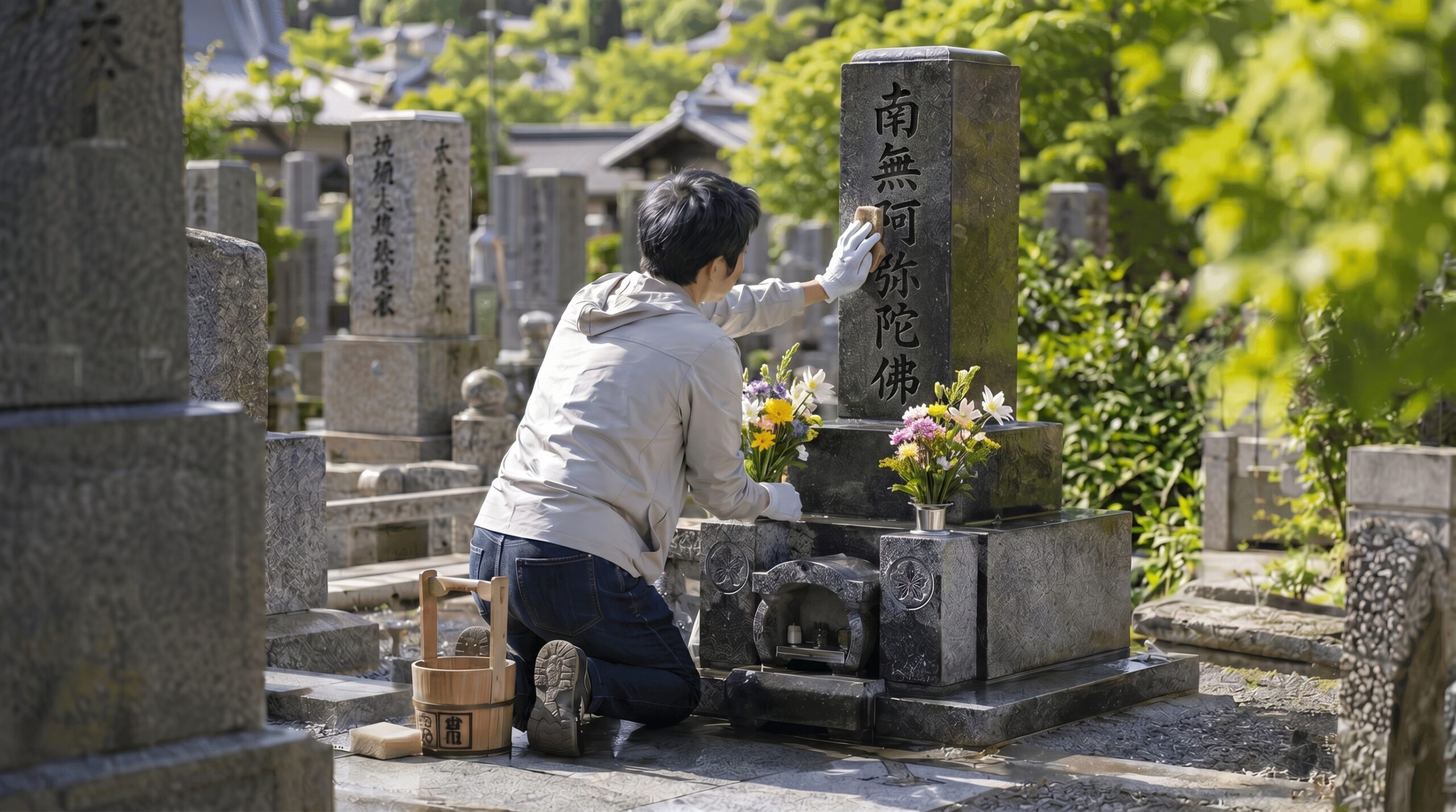 お墓掃除の正しい手順を5ステップ（草取り→水洗い→彫刻文字→花立・香炉→乾拭き仕上げ）で解説するイメージ