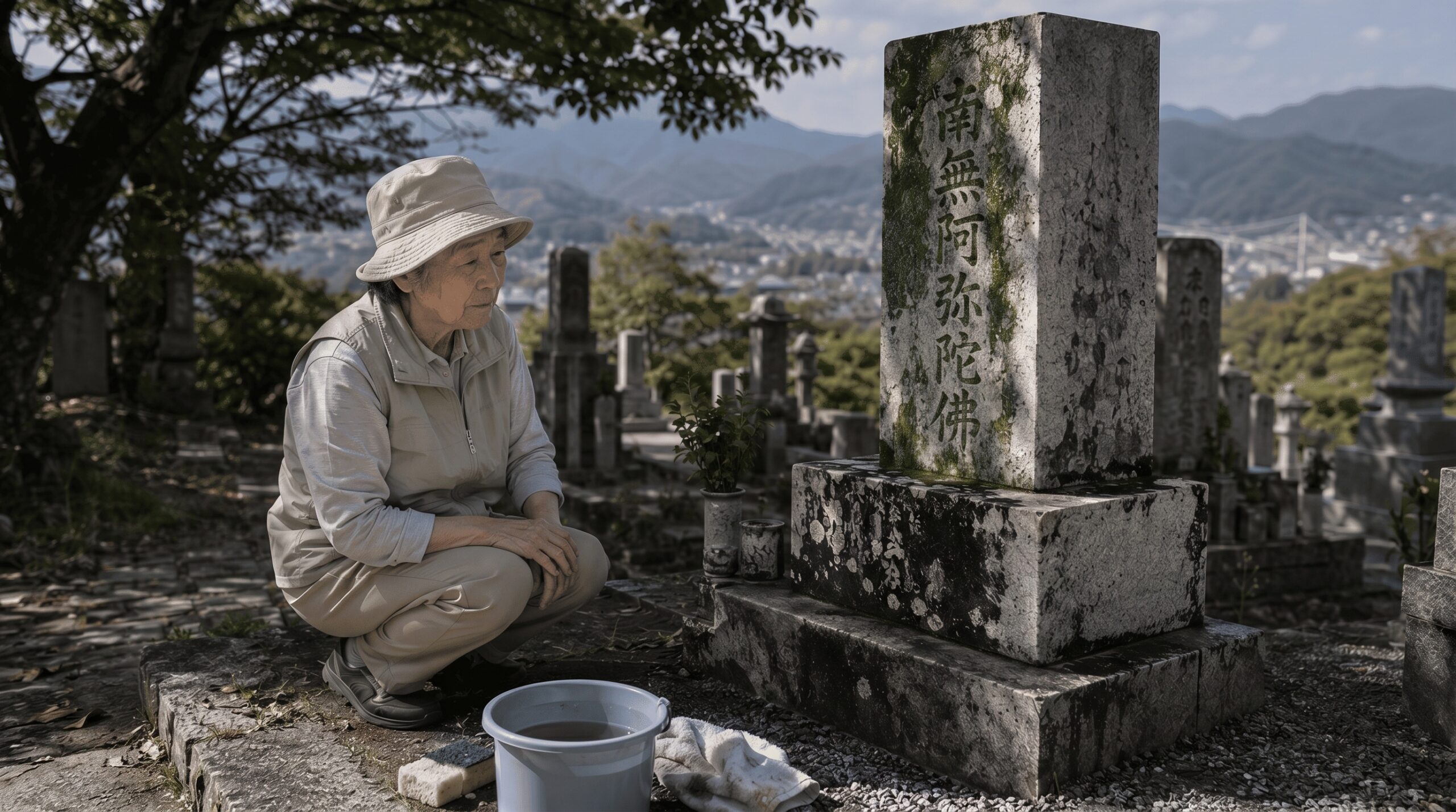 自分で掃除しても落ちない頑固な汚れ（コケ・水垢・黒ずみ）を前に対処を考えるイメージ