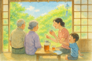 夏の朝、縁側で麦茶を飲みながら語らう家族